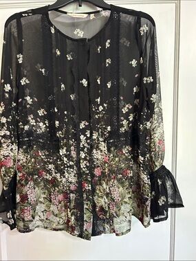 Soft Surroundings Black Sheer Floral Blouse with Ruffle Cuffs